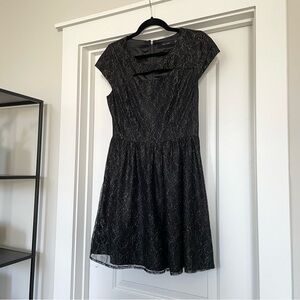 Eric + Lani Black Gold Metallic Lace Fit & Flare Short Dress Cut Out Neck Size L